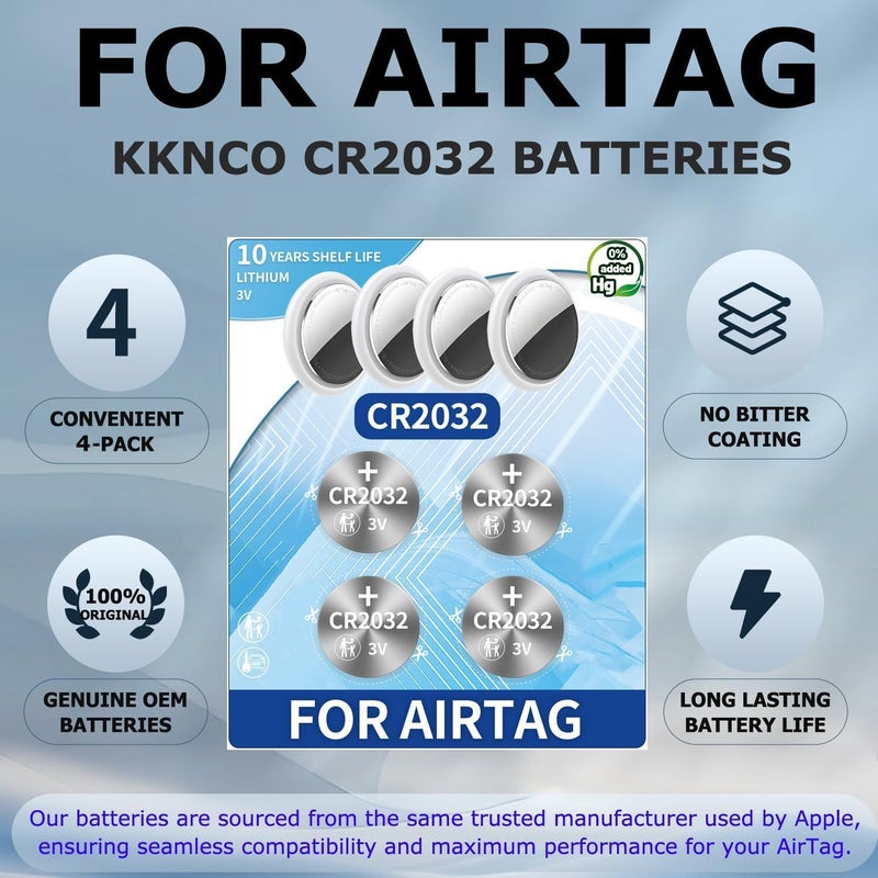 KKNCO (عبوة من 4) بطاريات بديلة لجهاز Apple AirTag، تناسب AirTag تمامًا، بدون طلاء مرير، بطارية OEM CR2032 - Image 4